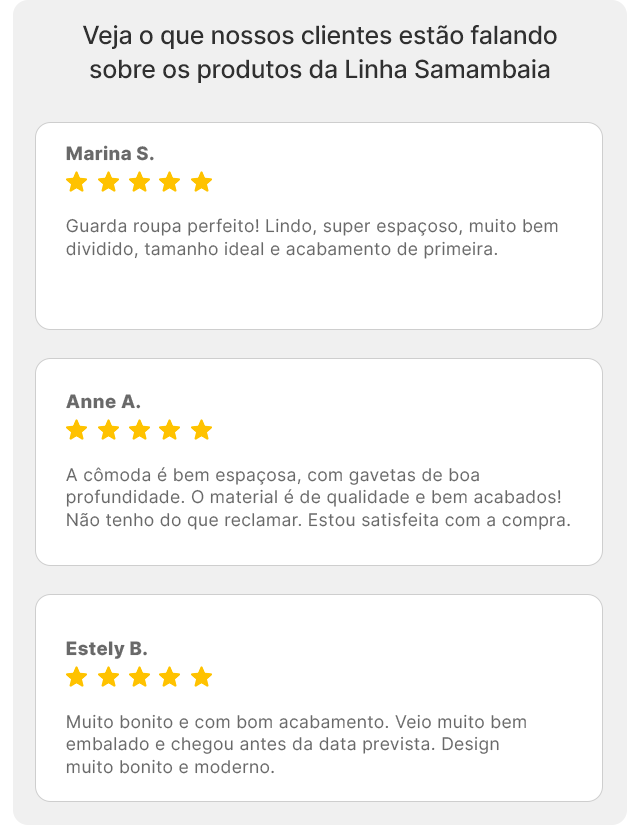 Bloco com 3 feedbacks de clientes, referente a 3 produtos diferentes da Linha Samambaia.