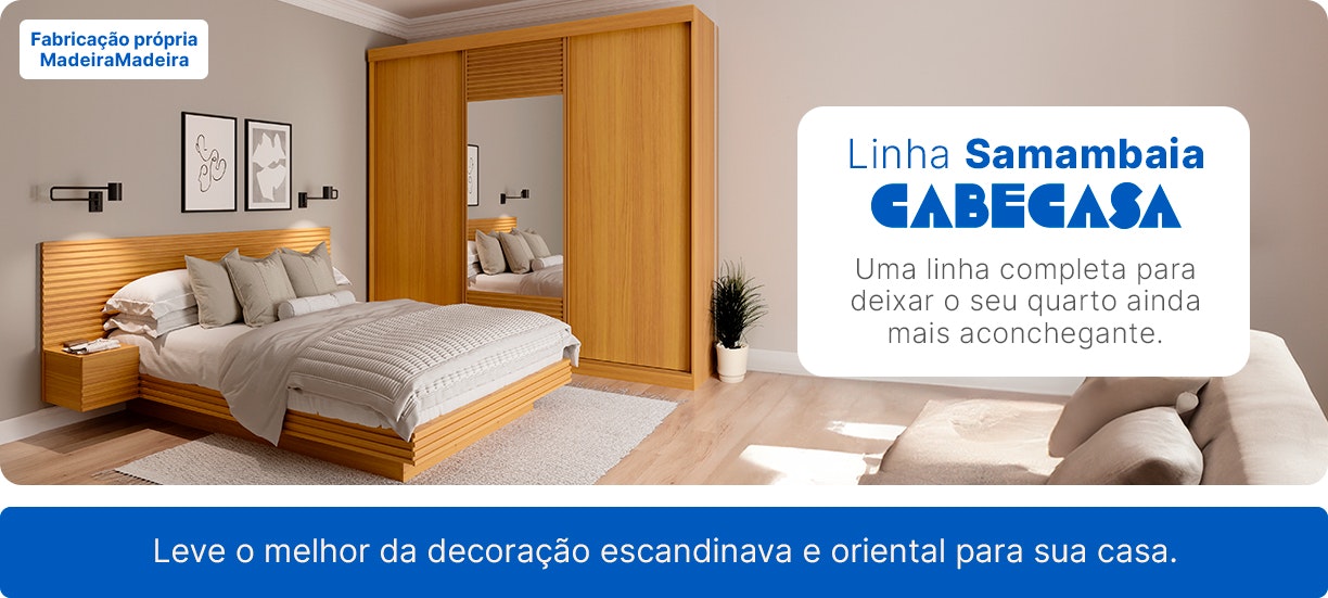 Imagem principal da landing page, com um Guarda-roupa e uma Cama da linha Samambaia, da cor Carvalho.