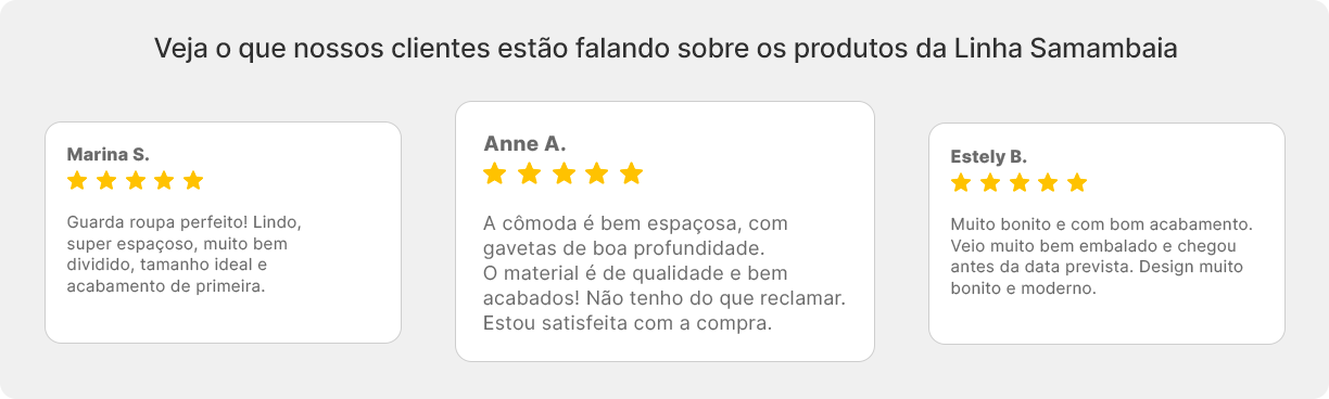 Bloco com 3 feedbacks de clientes, referente a 3 produtos diferentes da Linha Samambaia.