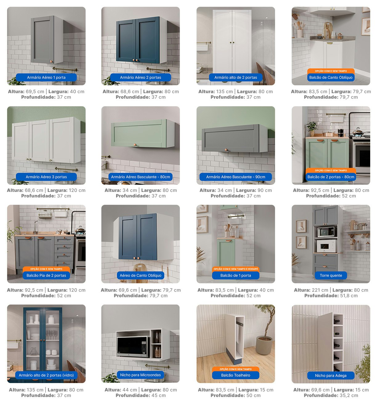 Imagem contendo todos os módulos disponíveis para a cozinha arizona. São 16 módulos, disponíveis nas cores Branco, Azul, Cinza e Menta