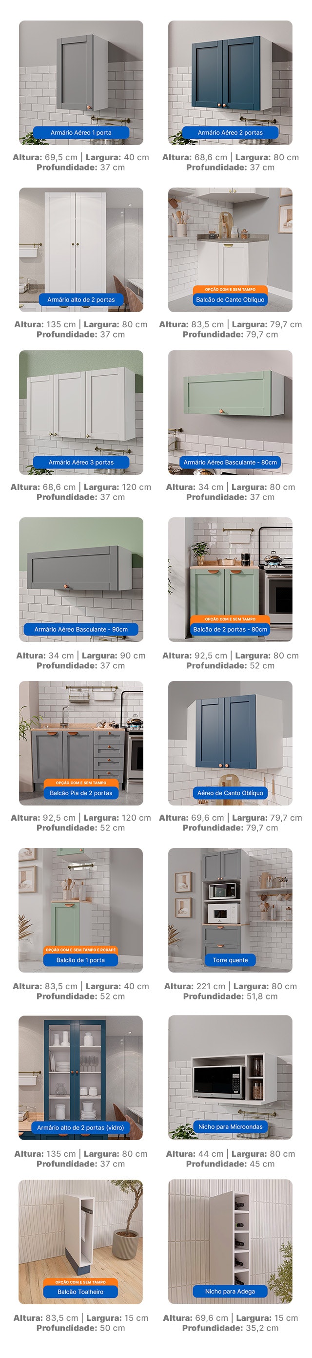 Imagem contendo todos os módulos disponíveis para a cozinha arizona. São 16 módulos, disponíveis nas cores Branco, Azul, Cinza e Menta. Além disso, a imagem possui os tamanhos de cada módulo.