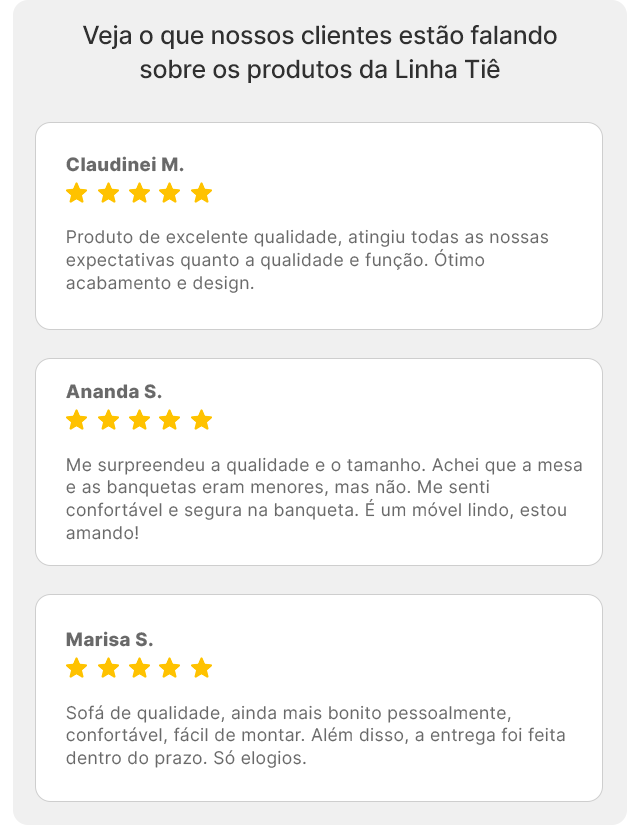 Bloco com alguns reviews dos produtos da Linha Tiê CabeCasa