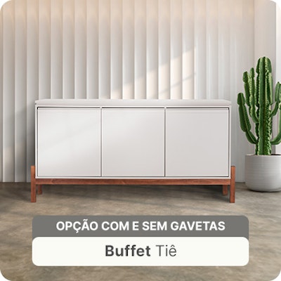 Imagem com o Buffet Tiê, elegante e sofisticada, que valoriza os detalhes em madeira, o design simples e eficiente que resulta em um móvel atemporal e duradouro.