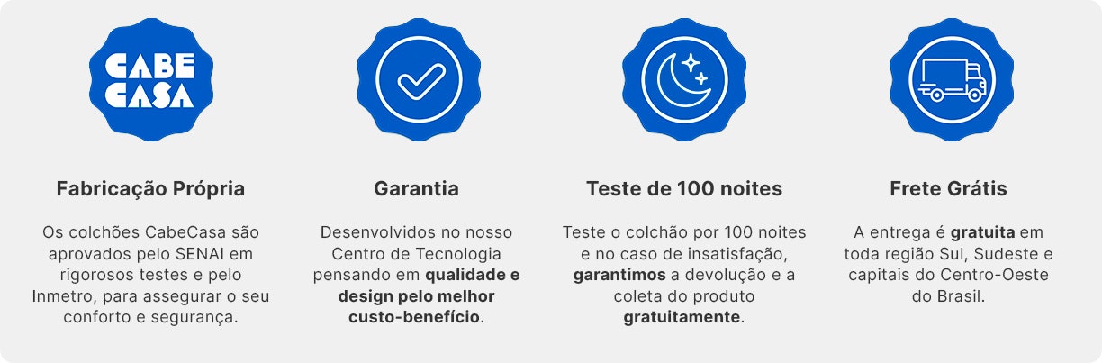 Os colchões CabeCasa são de Fabricação Própria, com garantia, teste de 100 noites e frete grátis para Sul e Sudeste