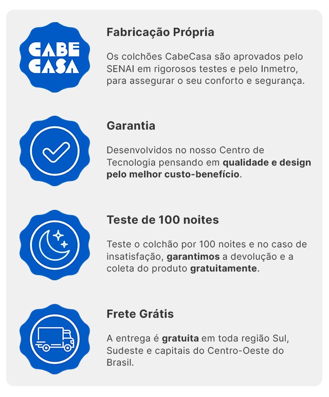 Os colchões CabeCasa são de Fabricação Própria, com garantia, teste de 100 noites e frete grátis para Sul e Sudeste