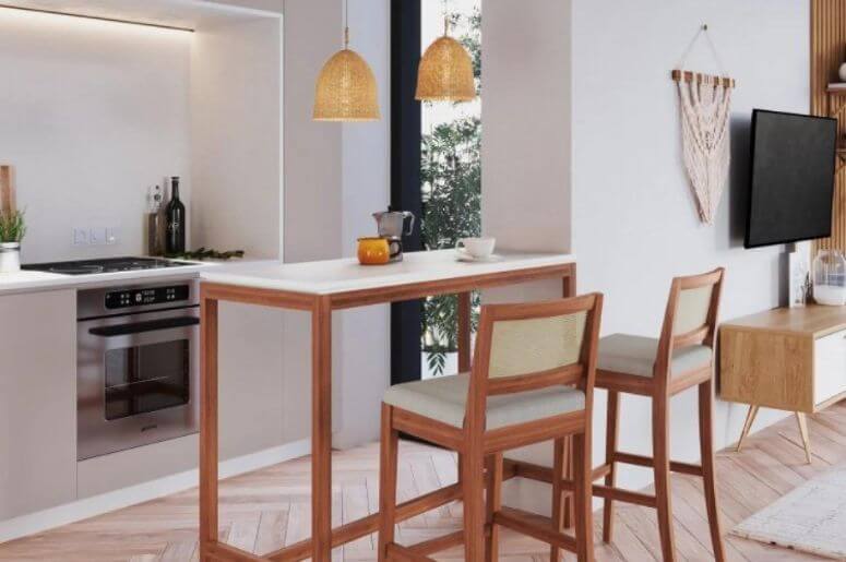 sala integrada com cozinha