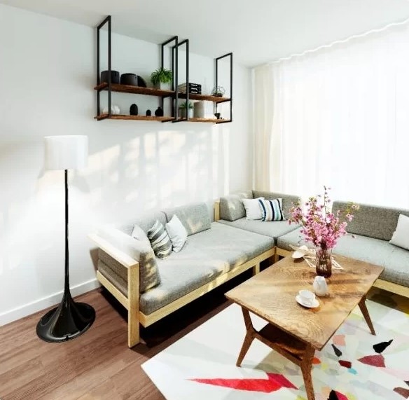 sala pequena com prateleira suspensa