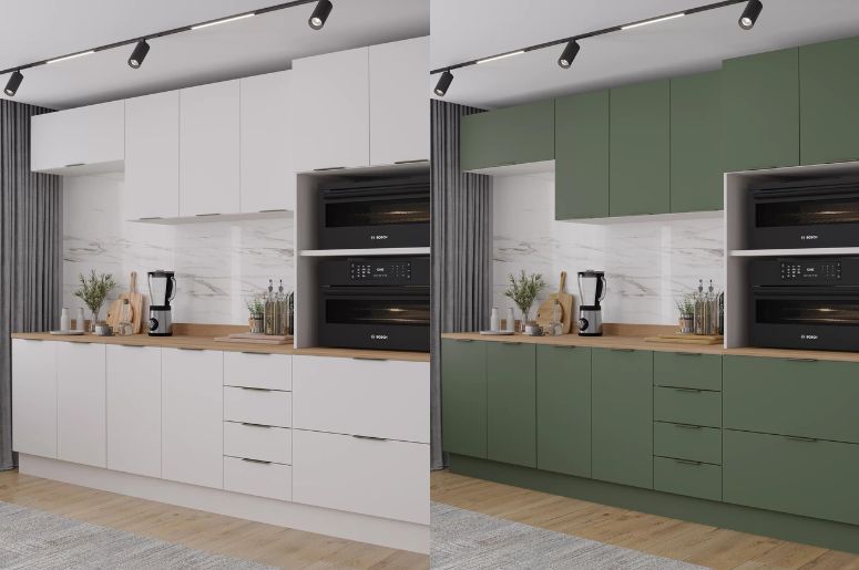 Um cozinha planejada pequena branca e outra verde