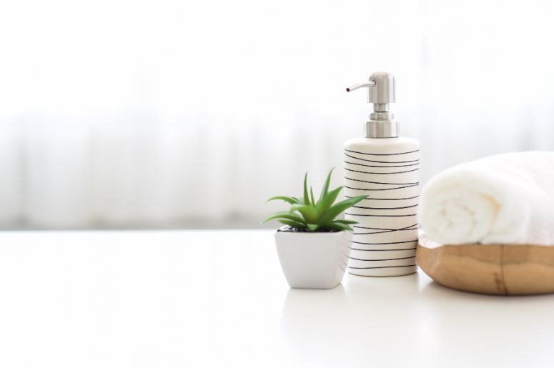planta, dispenser e toalha branca
