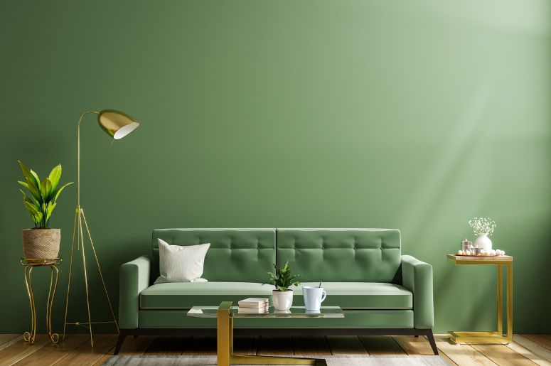 sofá e parede verdes