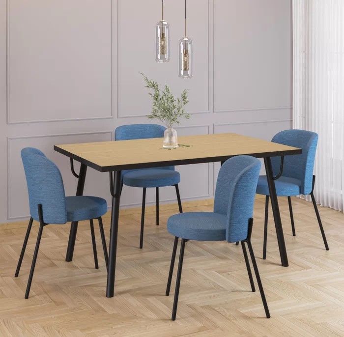 mesa de jantar 4 cadeiras estofadas na cor azul