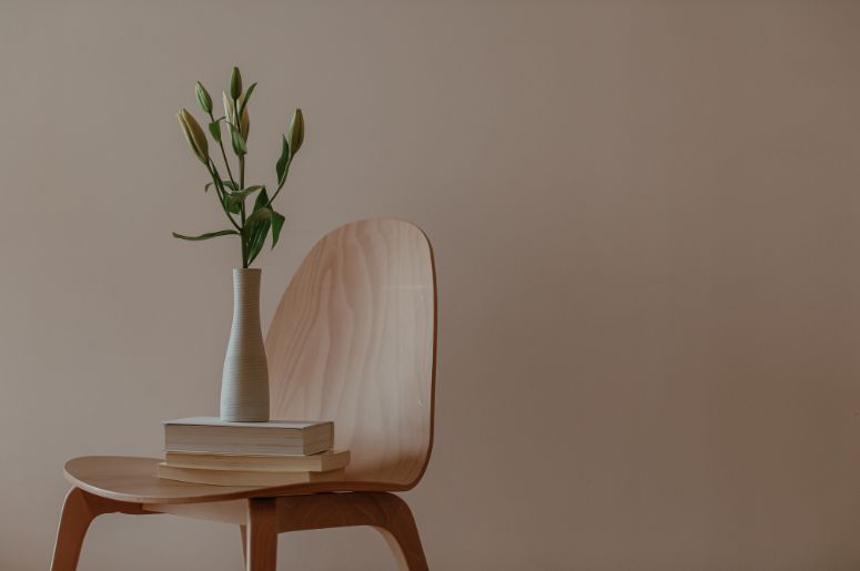 cadeira moderna e vaso decorativo