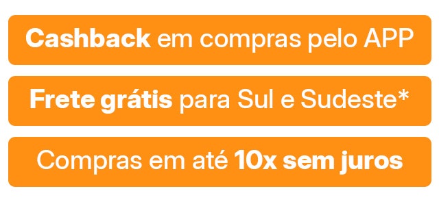 Além disso, temos mais vantagens: Produtos com até 10x sem juros, cashback de até 20% em compras pelo APP e frete grátis em milhares de produtos.