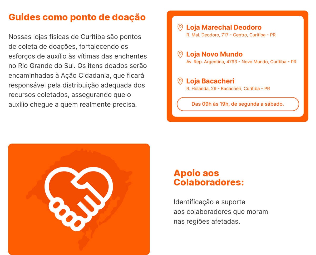 Imagem com todas as ações feitas pela MadeiraMadeira para ajudar o Rio Grande do Sul. São elas: Apoio aos colaboradores, apoio emergencial a comunidade, campanha de arrecadação, guides como ponto de arrecadação, incentivo aos fornecedores da região.
