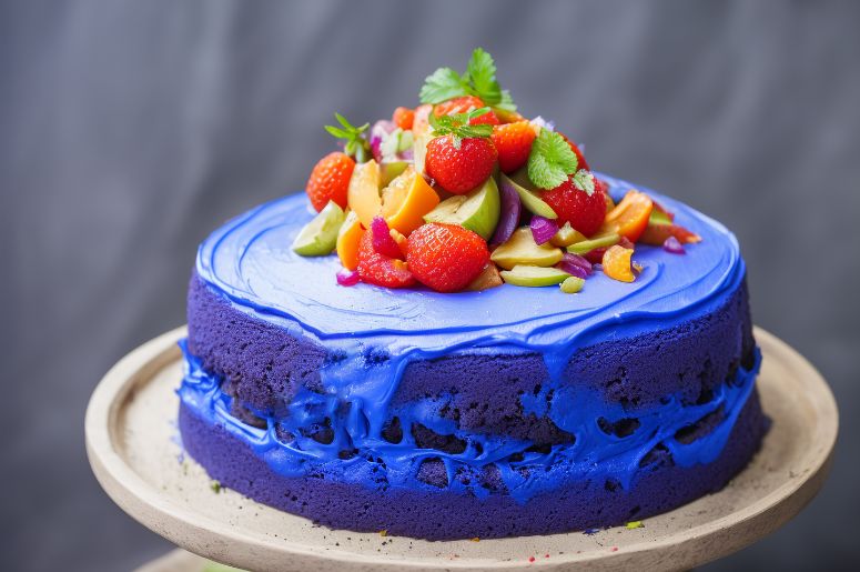 bolo azul com frutas