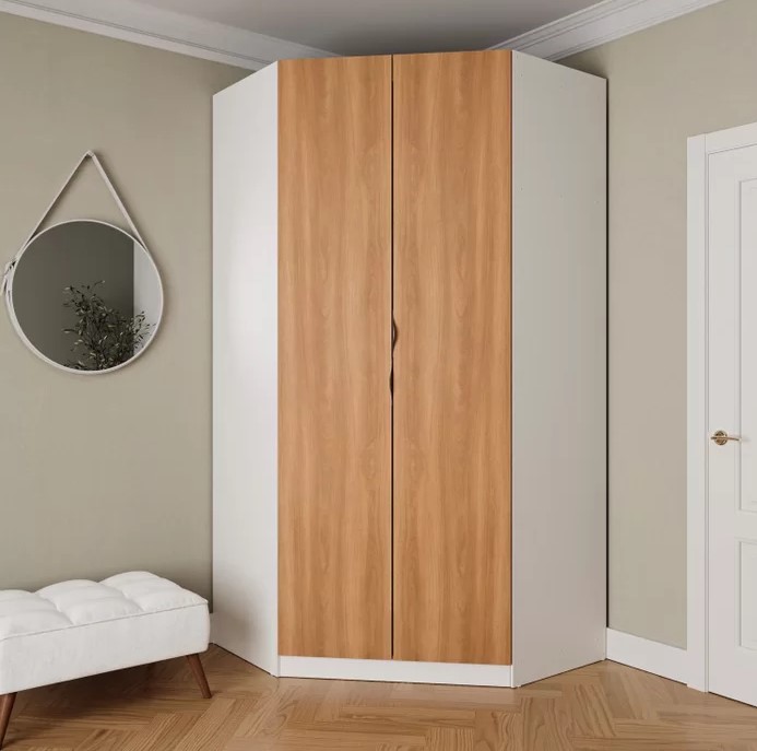 guarda-roupa de canto branco e bege