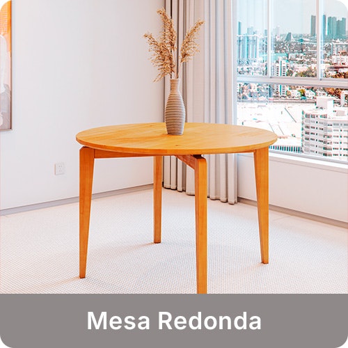 A mesa redonda tem 115 cm de largura, e pode acomodar até 4 pessoas