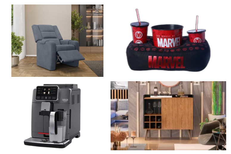 poltrona do papai, cafeteira, adega bar e almofada de pipoca