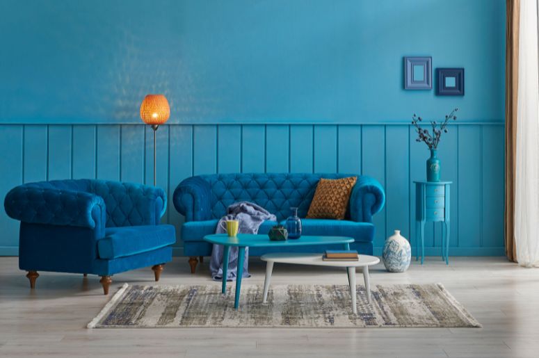 sala toda em azul tiffany
