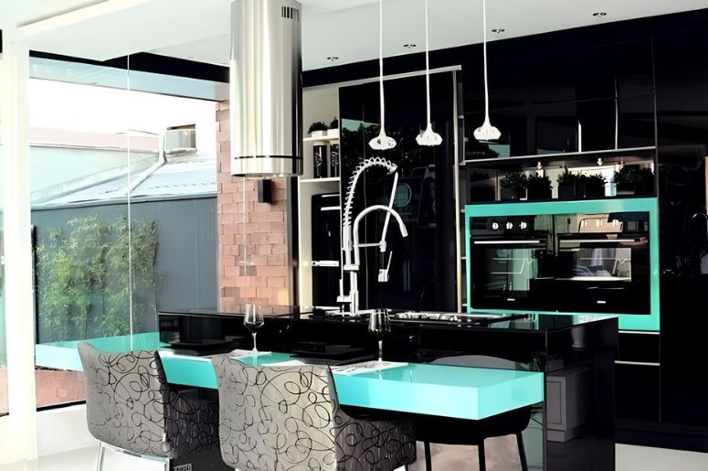 cozinha preta e azul tiffany