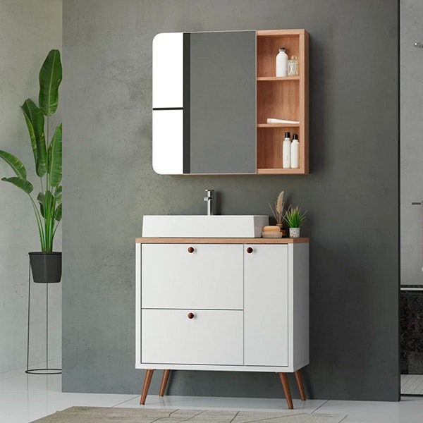 Conjunto completo de Banheiro MDF com Armário e Gabinete com Pés Com Espelheira e Cuba Madri 80cm Branco/Tauari