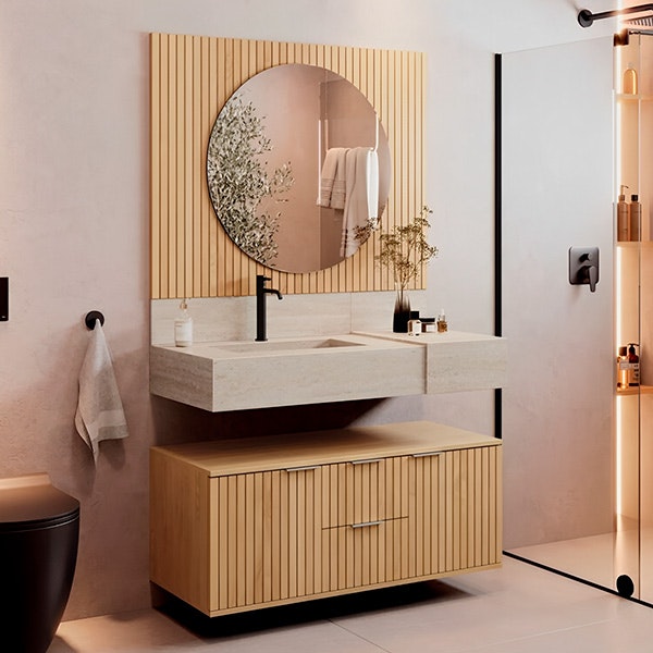 Conjunto para Banheiro Bancada em Porcelanato com Cuba Esculpida, Armário e Espelho Ripy 100cm Amarelo