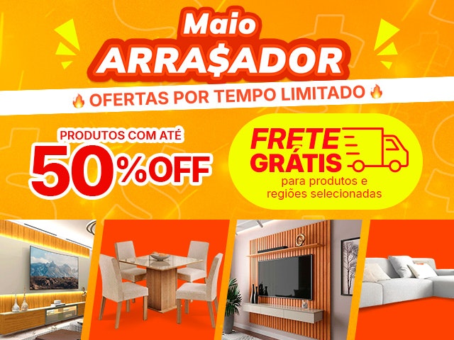 Maio Arrasador: produtos com 50% OFF + FRETE GRÁTIS para produtos e regiões selecionadas. Confira