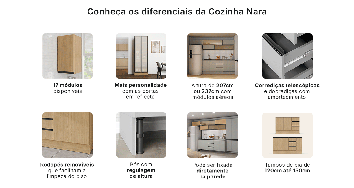 Diferenciais da Cozinha Nara: confira todos os diferenciais da nossa Cozinha Modular Nara.