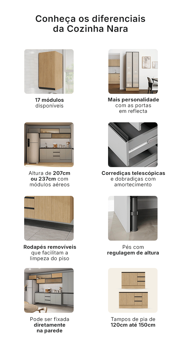 Diferenciais da Cozinha Nara: confira todos os diferenciais da nossa Cozinha Modular Nara.