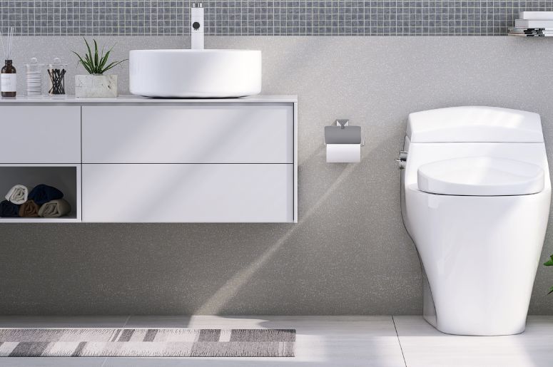 Banheiro simples com decoração moderna