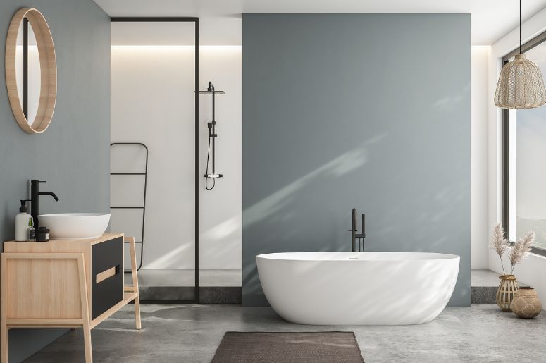 banheiro com decoração cinza e branca