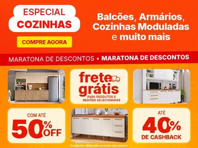 Maratona de Descontos: Especial Cozinhas com até 50% OFF, Frete Grátis e até 40% de CASHBACK.