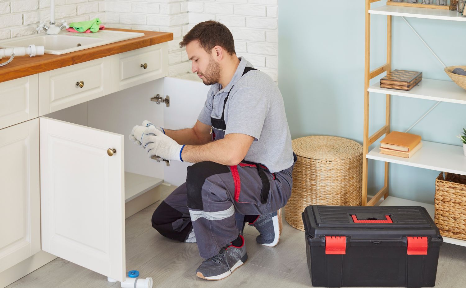 especialista vendo o ralo da cozinha
