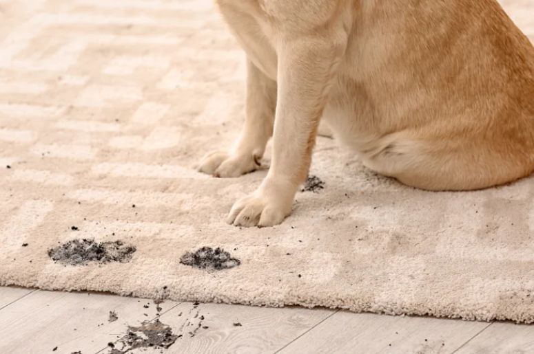Tapete sujo com pegada de cachorro
