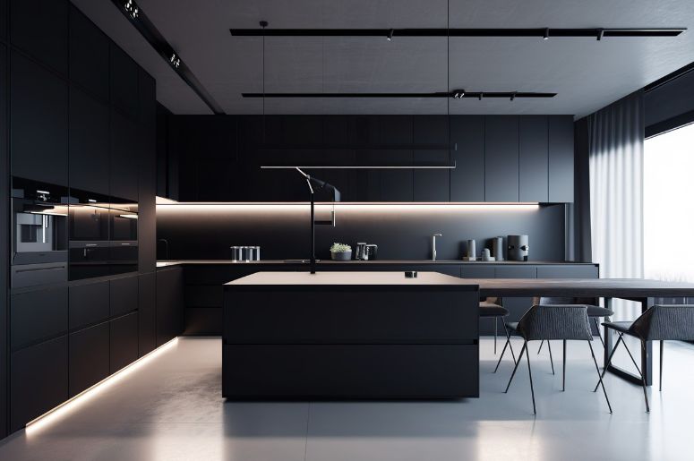 Cozinha com arm&aacute;rios pretos 