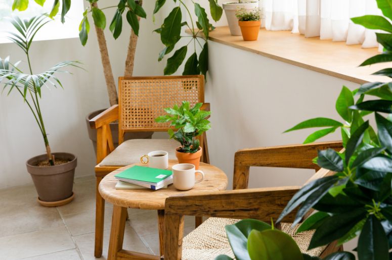 cadeiras de madeira com decora&ccedil;&atilde;o org&acirc;nica