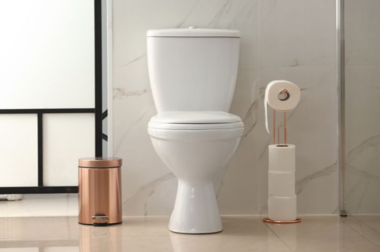 vaso sanit&aacute;rio branco com caixa acoplada e acess&oacute;rios de banheiro dourados