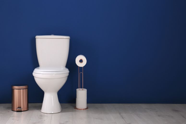 Banheiro com parede azul e vaso sanit&aacute;rio branco 