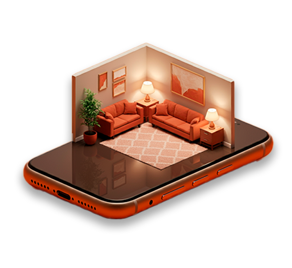 Imagem gerada por IA de uma sala de estar projetada em um celular