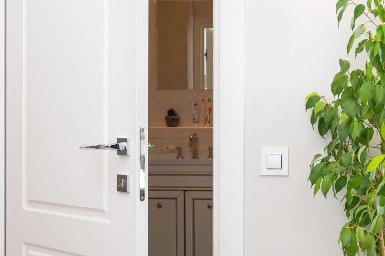 Banheiro com porta aberta e plantas decorativas