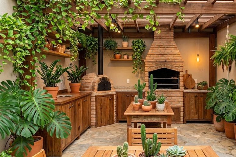 &Aacute;rea de churrasqueira com v&aacute;rias plantas de decora&ccedil;&atilde;o