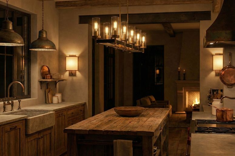 Cozinha r&uacute;stica com ilumina&ccedil;&atilde;o quente 