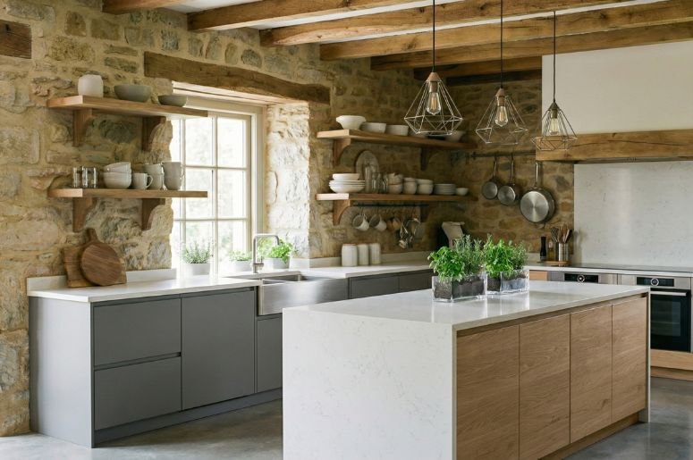 Cozinha moderna com decora&ccedil;&atilde;o r&uacute;stica