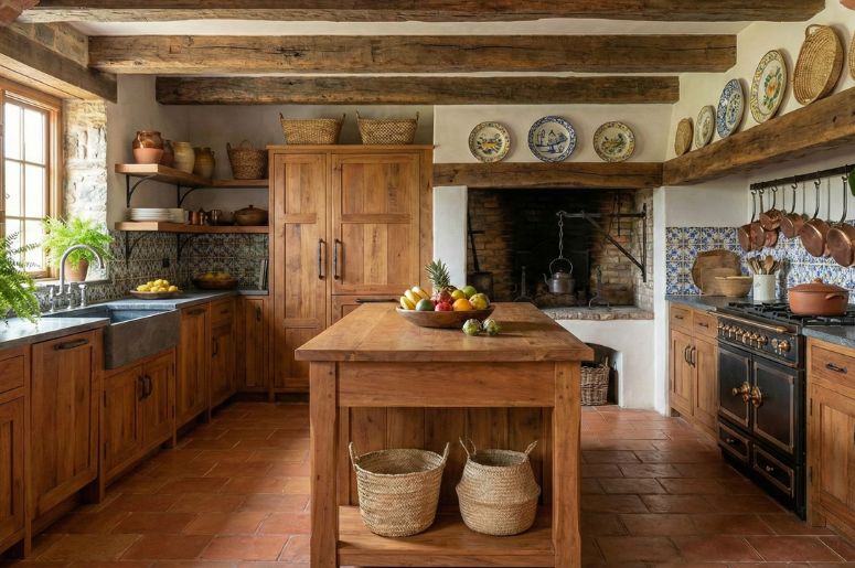 Cozinha r&uacute;stica com revestimento de pedra e frutas