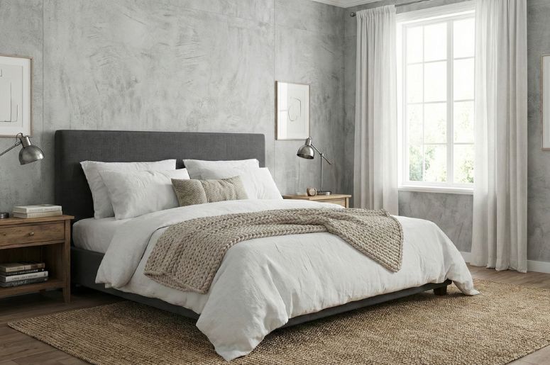 Quarto decorado com placa vinil&iacute;ca cinza