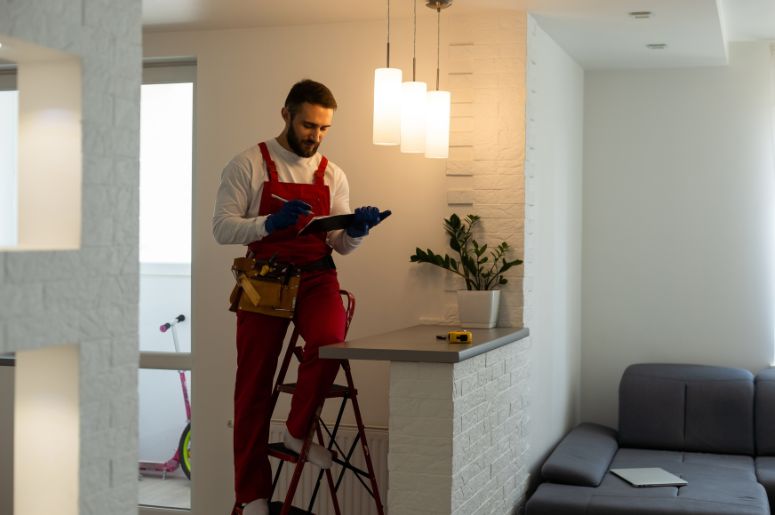 Homem instalando luzes em uma casa