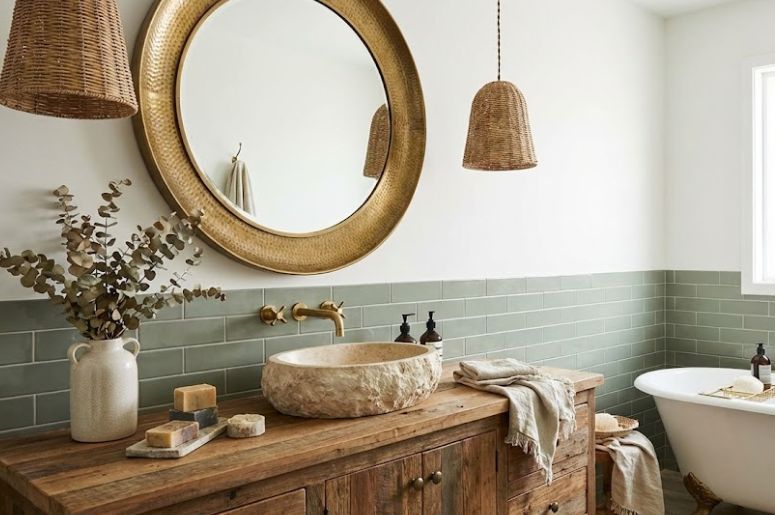 Banheiro vintage com espelho redondo 