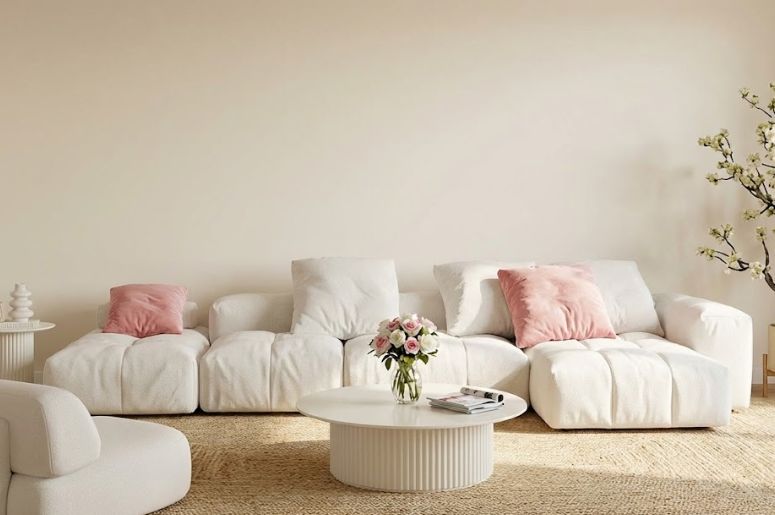 Sala com sof&aacute; branco e decora&ccedil;&atilde;o rosa