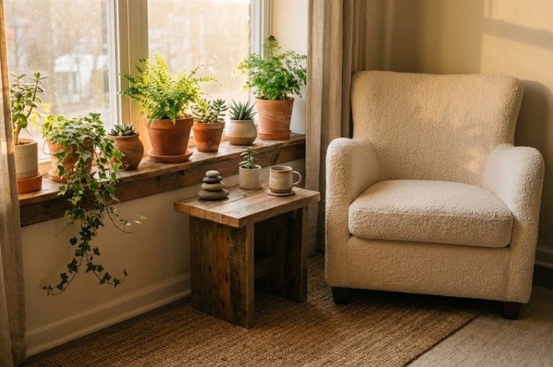 Sala com poltrona branca e plantas na decora&ccedil;&atilde;o 