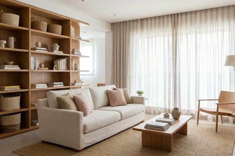 Sala moderna com estante de madeira 